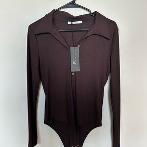NWT F&F Dark Brown Ribbed Collared Long Sleeve Bodysuit